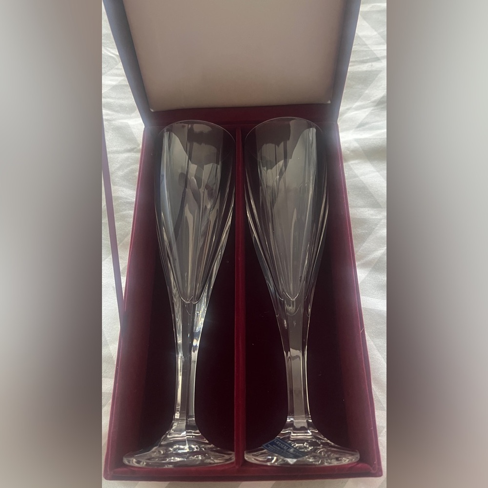 Long Stem Godinger Heavy Celebrating Glasses Crystal Legends Set 2 Velvet Box